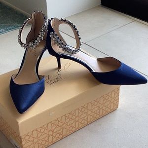 Jewel Badgley Mischka Navy Satin Kitten Heel Robles Evening Shoe Size 7